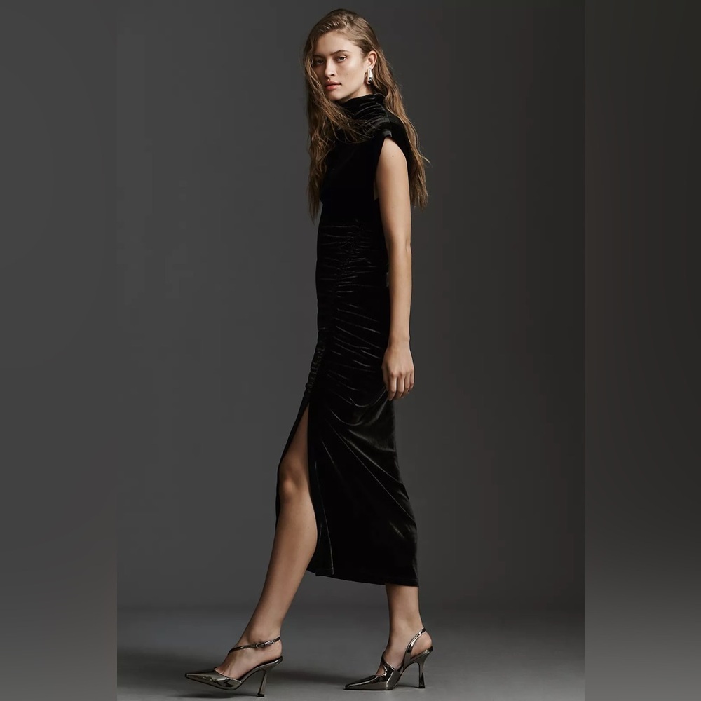 Anthropologie Black Velvet Turtle Neck Sleeveless Cinched Hip Midi Dress - Picture 3 of 12